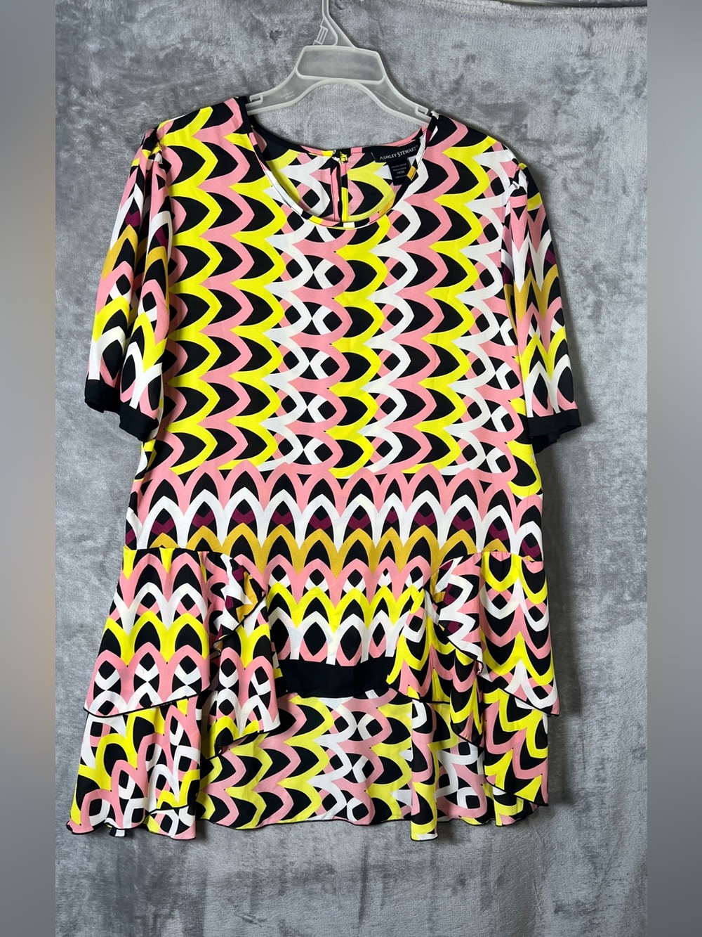 Ashley Stewart Pink Yellow Black Geometric Ruffle Top Dress
